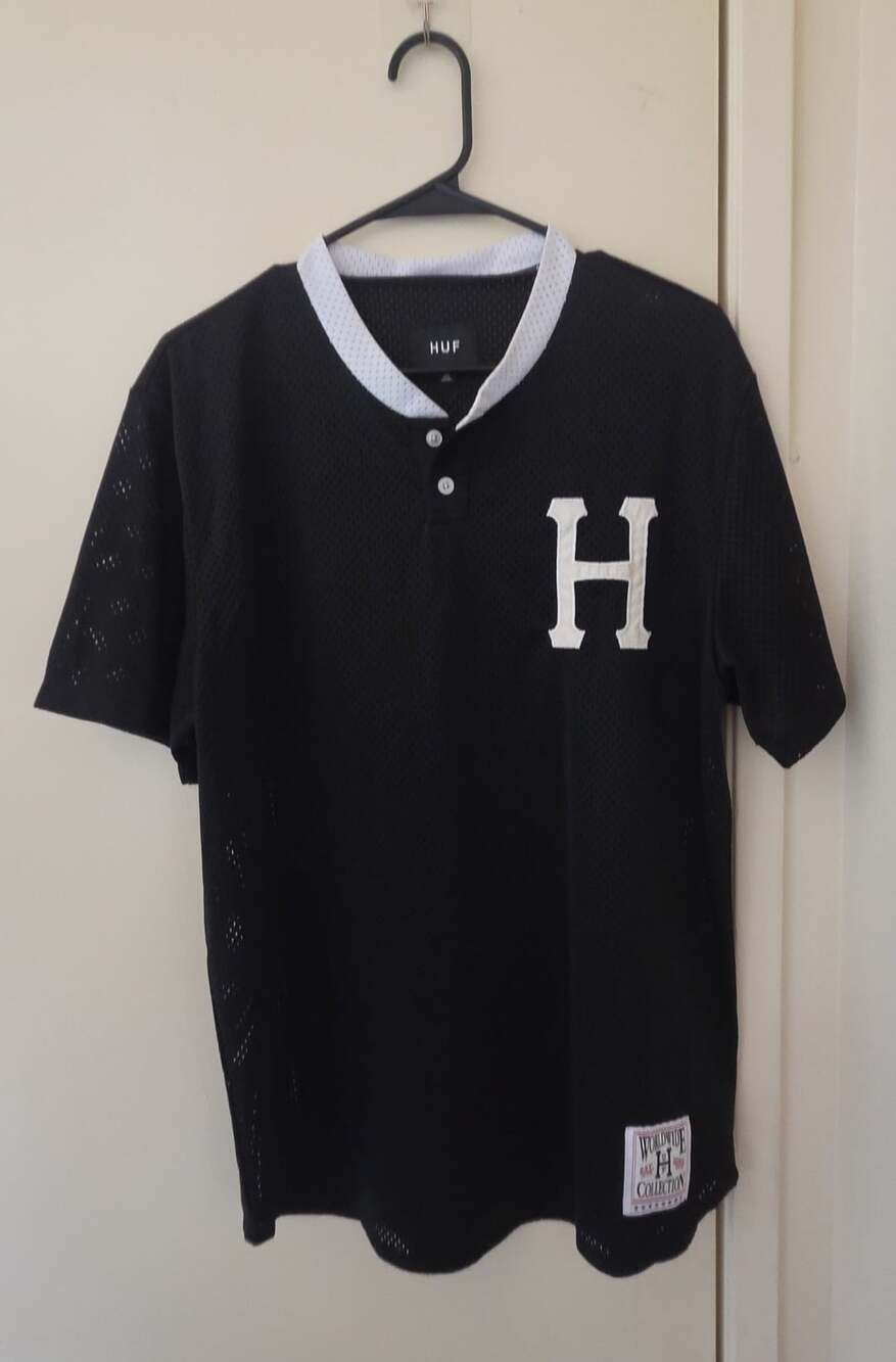 HUF Chavez Baseball Jersey Size M Black Mesh Henley H Logo